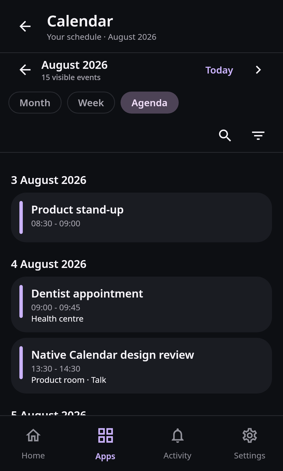 Nextcloud Native Android Calendar screen with a compact month view, touch-sized navigation, an agenda, source labels, and an add-event action