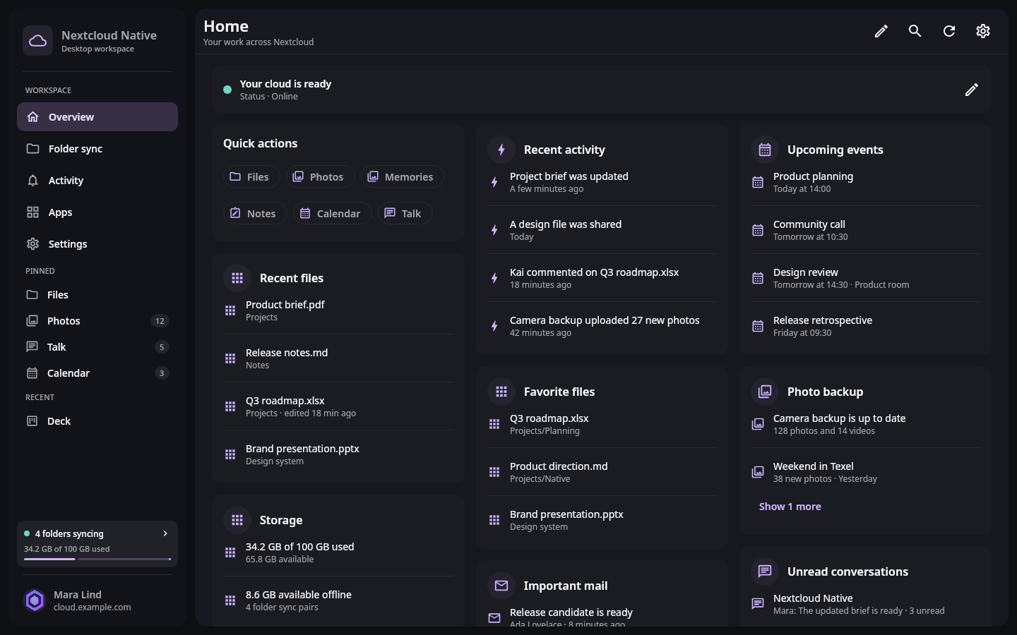 Nextcloud Native desktop Home workspace with connected account status, quick actions, recent files, upcoming events, storage, and persistent navigation